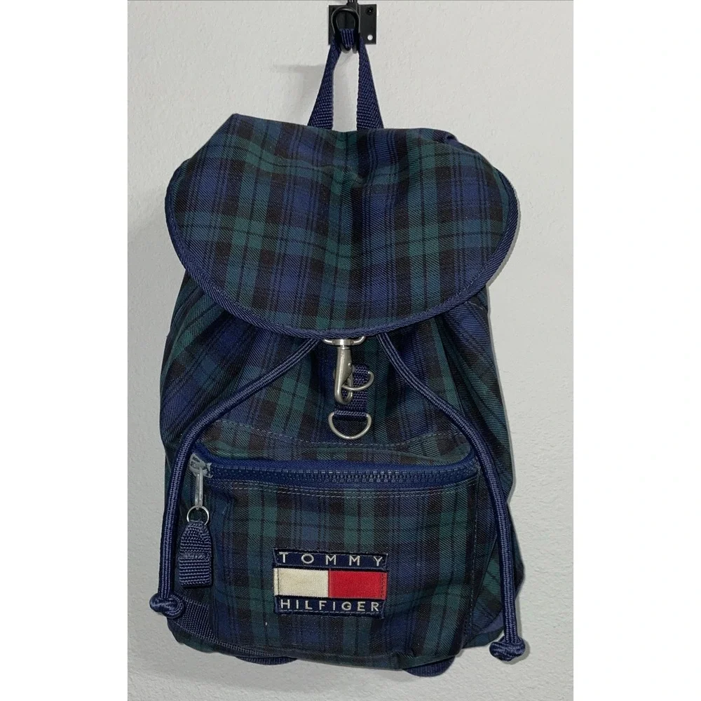 VTG 1990s Tommy Hilfiger Plaid Backpack Navy Green‎ Big Flag Logo Spellout Korea